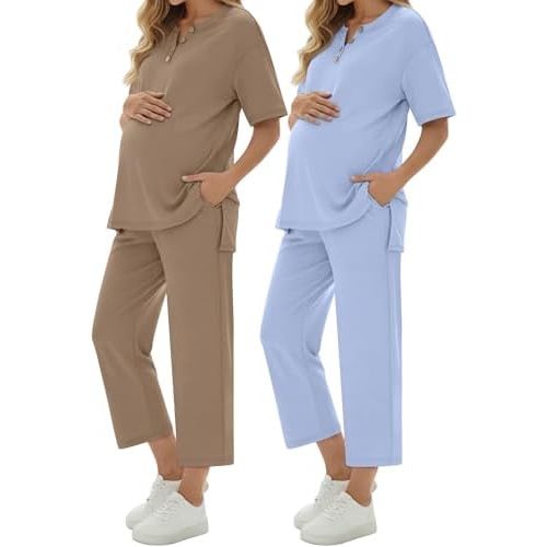 Maternity Outfit for Women 2 Pack Soft Postpartum Pajamas Lounge Set Summer Short Sleeve Top Wide Leg Capri Pants