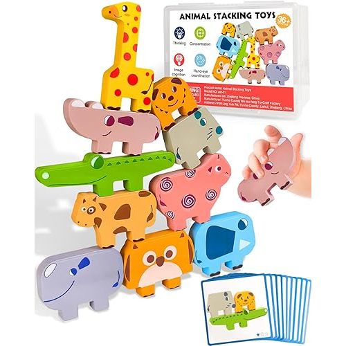 Cowcowcow Montessori Toys for 1 2 3 4 Year Old Boys Girls, Toddler Toys Age 2-4, 1 2 3 4 Year Old Girl Boy Birthday Gifts, 10 pack Wooden Animal Blocks Sorting & Stacking Education Toddler Puzzles Toy