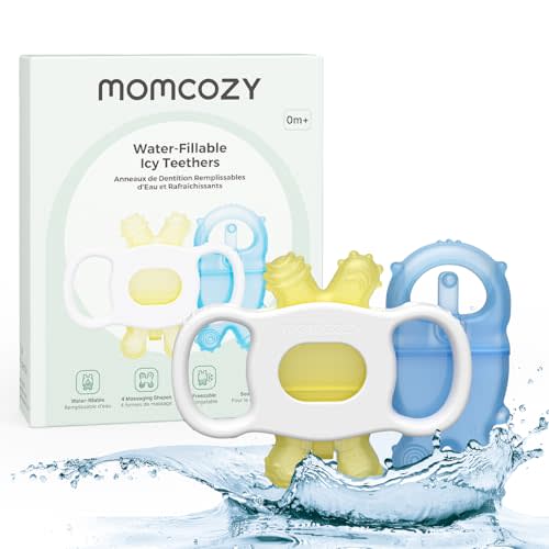 Momcozy Baby Teether Toys, Water Fillable Silicone Cold Teether, Baby Teething Toys Chill Teether, Baby Toys for Teething Relief 0-12 Months, Blue and Yellow 2 Pcs