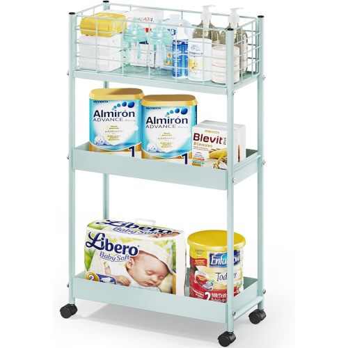 KINGRACK 3-Tier Rolling Utility Cart with Wheels, Metal Slim Storage Cart, Multifunctional Storage Organizer, Rolling Storage Cart for Kitchen, Office, Bathroom, Narrow Place, White