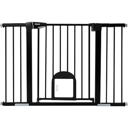 Babelio Upgraded Baby Gate with Cat Door, Auto Close Durable Dog Gate for Stairs, Doorways and House, Easy Walk Thru Safety Gate with Pet Door Includes 4 Wall Cups, 29-48" Wide, 30" Tall, Black