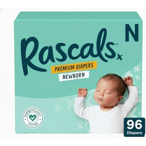Rascal + Friends New~Born Premium Diapers, Size N, 96 Count, (Pack of 1) (Packaging May Vary)
