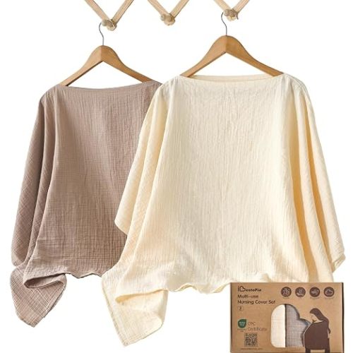 Nursing Cover for Breastfeeding – 2 Pack 51"x47" Cotton Muslin Infinity Scarf, 360° Privacy Breastfeeding Cover, Multi-Use Baby Car Seat Stroller Cover, Gift Box, Warm Oat & Khaki
