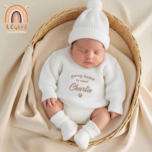Embroidered Going Home to Meet My Puppy Ruffles Romper, Personalized Dogs Name Baby Bodysuit, Newborn Outfit, Home Coming Baby Knitted Set