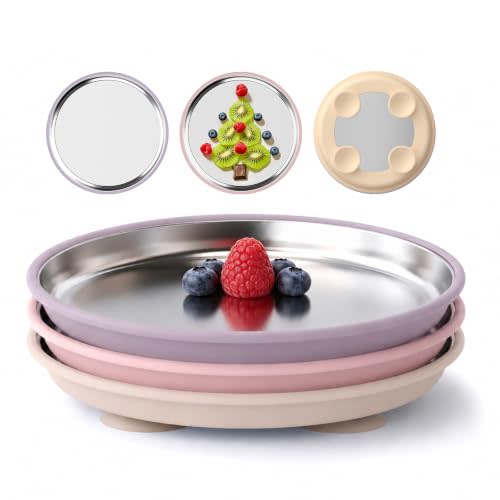 Bakpoco Stainless Steel Suction Plates for Baby, Kids Snack Dishes | 8" Stainless Steel Toddler Plates Open Kids Plate with Silicone Suction Non Toxic Dishwasher Safe Dinnerware Set of 3
