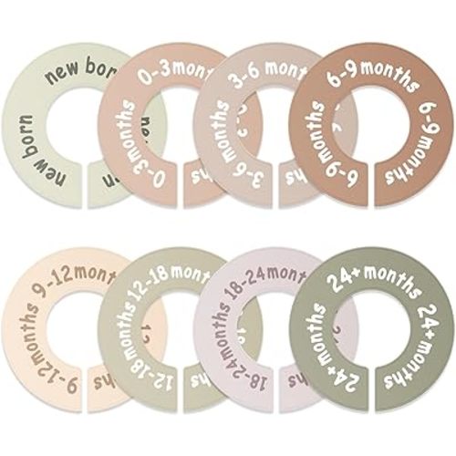 Baby Closet Dividers, Earth Tone Round Double-Sided Baby Clothes Organizer, Set of 8 Monthly Size Dividers from Newborn to Toddler, Clear Size Labels, Fits Most Rods, Nursery Closet Décor