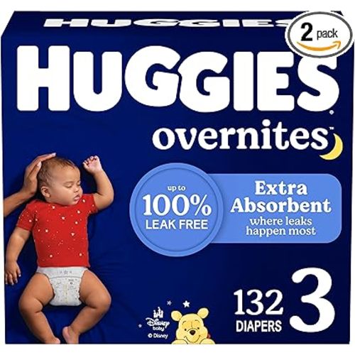 Huggies Size 3 Overnites Baby Diapers: Overnight Diapers, Size 3 (16-28 lbs), 132 Ct (2 Packs of 66), Packaging May Vary