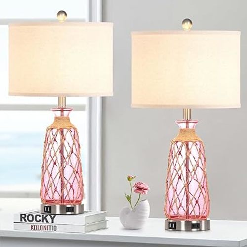 25.5" Coastal Glass Table Lamps Set of 2, 3-Way Dimmable Touch Control Bedside Lamps with 2 USB Ports and AC Outlet, Pink Nautical Nightstand Lamps for Bedroom Living Room (LED Bulbs Included)