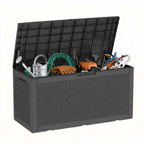 fazzn 100 Gallon Resin Deck Box Waterproof Outdoor Storage Box for Patio Furniture Pool Accessories Indoor Storage for Cushion Garden Tools (Black pattern)