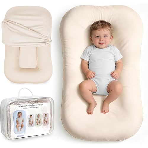 Infant Support Cushion, Baby Lounger for Newborn 0-24 Months, Portable Tummy Time Mat with Soft Cotton Cover for Home, Travel & Supervised Play, Essential Baby Gift (Cream)