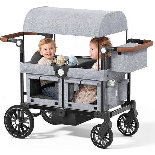 Kinder King Folding Wagon Stroller for 2 Kids, Shock-Absorbing Wheel, Gray
