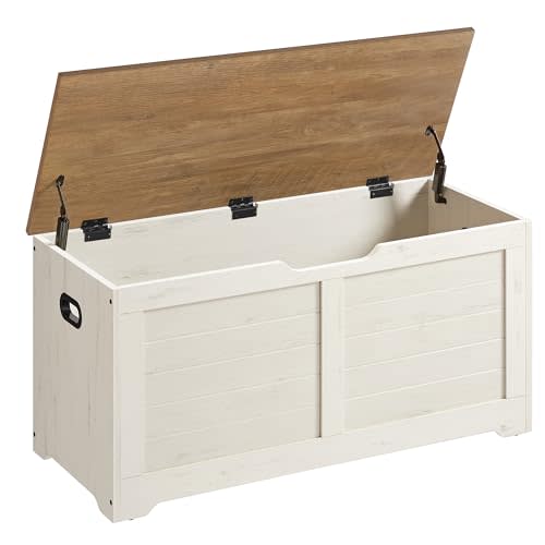 VASAGLE Storage Chest, Storage Bench with 2 Safety Hinges, Farmhouse Style, 15.7 x 39.4 x 18.1 Inches, for Entryway, Bedroom, Living Room, Honey Brown and Rustic White ULSB061WJ02S