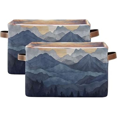 YETTASBIN Nature Mountain Storage Basket 2pc, Large Collapsible Toys Clothes Organizer, Durable Canvas Storage Bin with Handle for Shelves Closet Laundry Home Office Decor