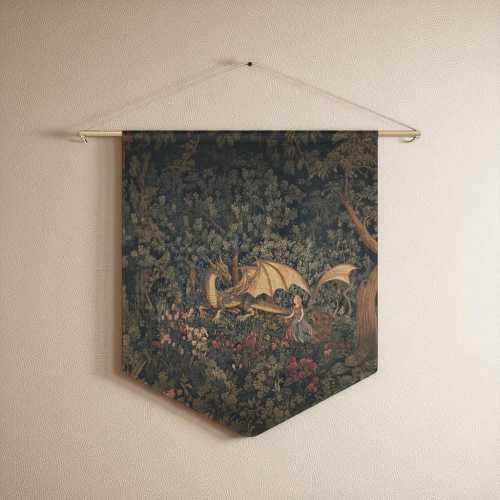 Pennant Banner Fantasy Dragon Tapestry, Enchanted Forest Wall Art, Home Decor for Living Room, Bedroom, Gift for Dragon Lovers, Medieval Art