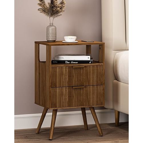 Nightstand,Modern Bedside Table with 2 Storage Drawer and Open Wood Shelf, for Bedroom and Small Spaces,Night Stand with Solid Wood Legs,Walnut Brown