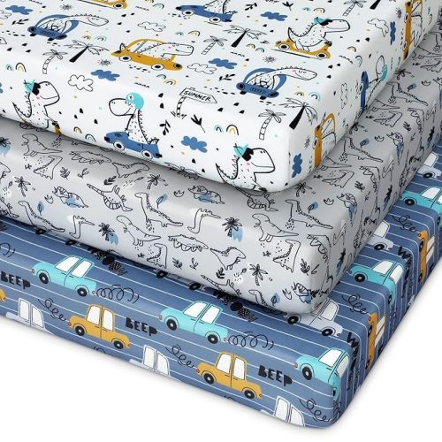 Pack and Play Sheets Fitted 3 Pack, Mini Crib Sheets for Pack N Play Mattress Stretchy Portable Playard Sheets, Soft Breathable Grey & Blue Car