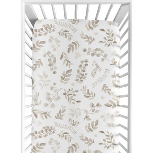 Sweet Jojo Designs Gender Neutral Baby Fitted Crib Sheet Botanical Leaf Linen Collection Ivory and Taupe