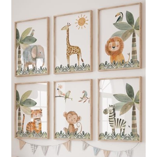 Eviepops Prints Cute Safari Animals Set of 6 Unframed Prints for Baby Girl or Boy Nursery Bedroom Playroom, Nursery Décor, Watercolour Jungle Wall Art, Gift Present, Giraffe Elephant Lion (8x10)