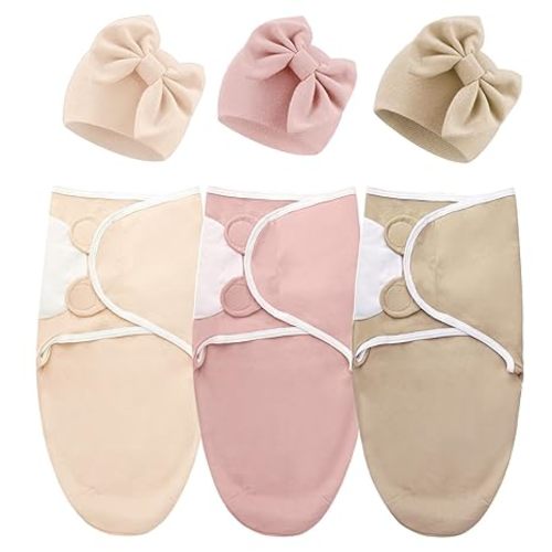 DRESHOW BQUBO 3 Pack Baby Swaddle Sleep Sacks Baby Swaddling Blanket Wrap Newborn Swaddle Sack with Big Bow Hat for Boys Girls 6-12 Lbs Newborns & 0-3 Months Girls Boys