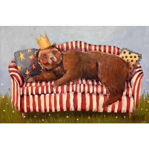 Framed Canvas Print, 'Beary Comfy', whimsical bear art, Storybook style illustration