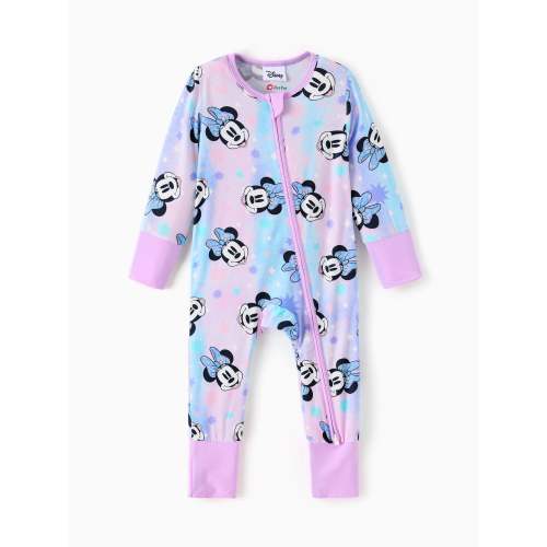 Disney Mickey and Friends Bamboo Baby Girl  Minnie Printed 2-Way Zipper Anti Slip Long-sleeve Footie Pink purple