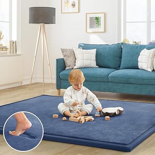 Baby Play Mat for Floor Tummy Time Mat Nursery Rug Muscle Mat Area Rug Playroom Rug Tatami Mat 71x79" Memory Foam 1.3" Thick Crawling Mat For Babies,Toddlers, Infants, Kids,Floor Mat(Blue)