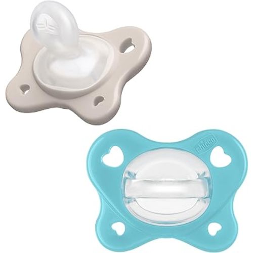 Chicco PhysioForma Dual Soft Orthodontic Pacifier for Babies 6-16 Months, 100% Soft Silicone, Supports Breathing, One-Piece Design, Included Sterilizing Case, BPA Free, 2-Pack, Grey/Ultramarine