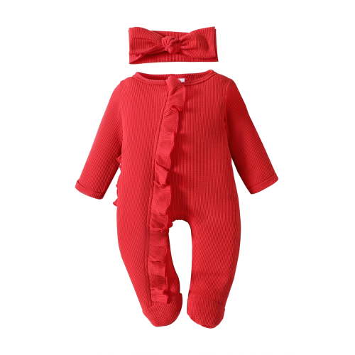 Qtinghua Newborn Baby Girls Long Sleeve Frills Zipped Footies Romper Jumpsuit and Headband Fall Clothes Red 0-3 Months