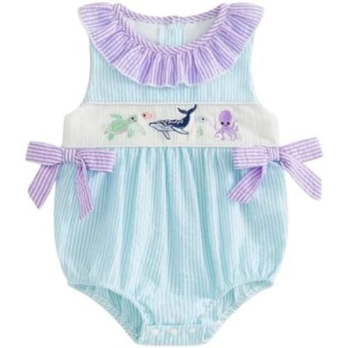 Newborn Baby Girl Outfits Marine Animal Ruffle Bow Sleeveless Smocked Romper Bodysuit Shirt Summer Clothes