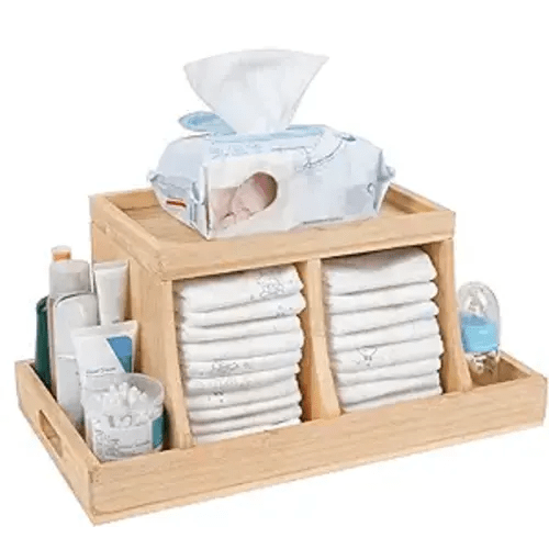 Diaper Caddy Organizer, Changing Table Organizer, Wooden Diaper Organizer for Nursery, Baby Diaper Storage Organizer with Removable Dividers (Brown, Rectangular Size)