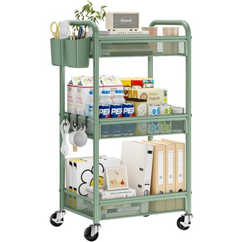 YASONIC 3 Tier Rolling Cart – Metal Utility Storage Cart with Wheels, Craft Carts Organizer with Hanging Cups, Hooks, Mesh Basket for Bedside Kitchen Office Art, Green