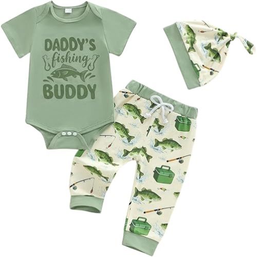 Newborn Baby Boy Fishing Outfit Fish Letter print Short Sleeve Romper Jumpsuit and Pants Hat 3Pcs Clothes