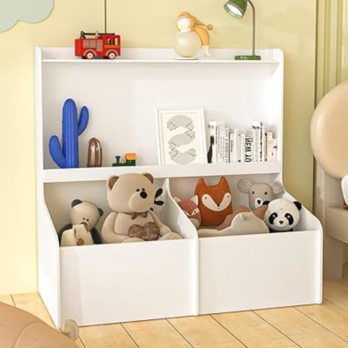 Cubby Toy Storage Cabinet 3 Tier Wooden Children Bookcase,Toy and Book Storage Organizer Shelf for Playroom, Bedroom, Living Room, Nursery, School (White)