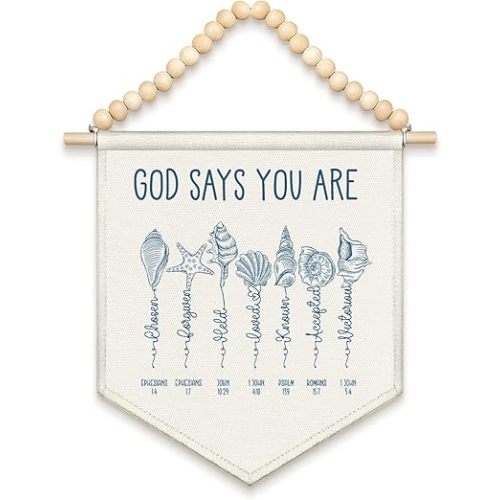 LIANGW Christian Seashell Wall Art Decor, Coastal Bible Verse Canvas Banner, Boho Wood Beads God Says You Are Wall Art Decor Hanging Pennant Flag for Living Room Home Office Bedroom Dorm,13x11