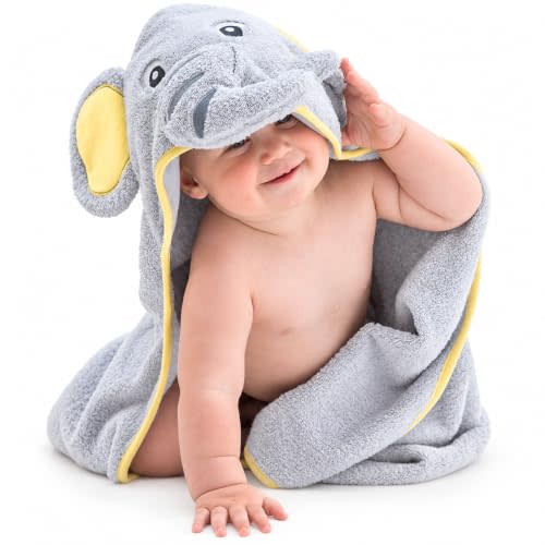 Little Tinkers World Elephant Premium Hooded Bath/Beach Towel for Baby | Grey Elephant Design | Ultra Soft and Absorbent | 100% Cotton Childrens Swimming/Bath Towel with Hood for Girls and Boys