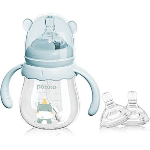 POTATO Glass Baby Bottles, Anti-Colic Breastfeeding Bottles with Medium Flow Nipple, Suitable for Babies 3-6 Months, 2 Replaceable Nipples, 6 oz, Blue