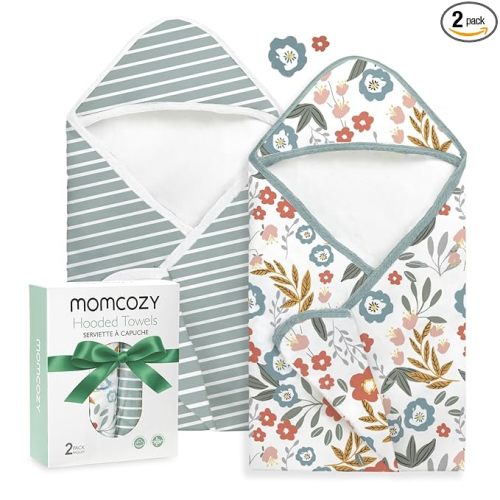 Momcozy Baby Towel with Hooded-2 Pack Soft Bath Towel Set-Shower Gifts or Bath Essential for Infant,Newborn, Toddler (28 X 28 Inch, Petite Blossom)