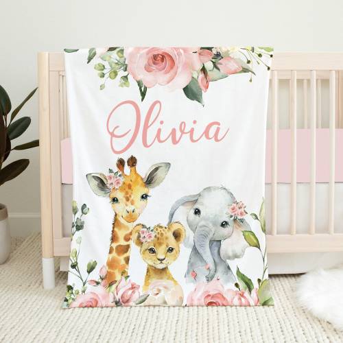 Personalized Safari Baby Blanket, Pink Floral Baby Blanket, Baby Girl Blanket, Baby Shower Gift, Safari Animals Blanket, Safari Crib Bedding
