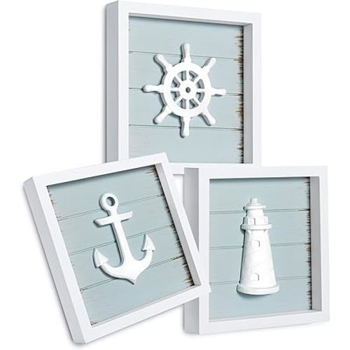 TideAndTales 3D Nautical Wall Decor (7"x7"), Coastal Theme Home Decorations with Anchor, Lighthouse and Ship Wheel, Rustic Ocean Inspired Bathroom Decor - Nautical Gifts - Framed Set of 3