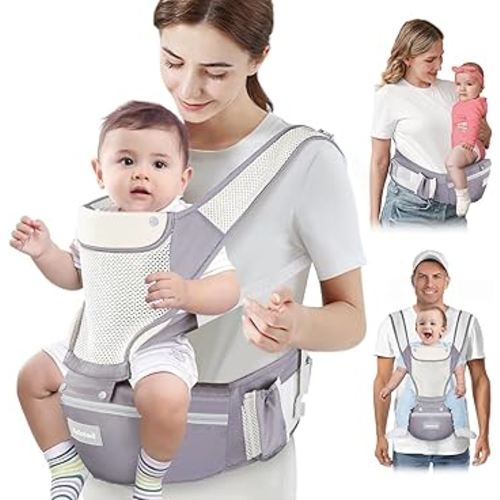 Baby Carrier Newborn to Toddler, Lightweight Ergonomic Baby Hip Seat Carrier Up to 33lbs, Adjustable Extended Waistband Infant Carrier with Breathable Sunshield, Light Grey