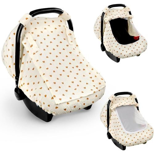 Hooyax Muslin Car Seat Cover Baby, Summer Car Seat Covers for Babies, Infants, and Newborns, Ultra Soft Breathable Universal Fit Stroller Carseat Canopy Covers for Boys Girls (Heart)