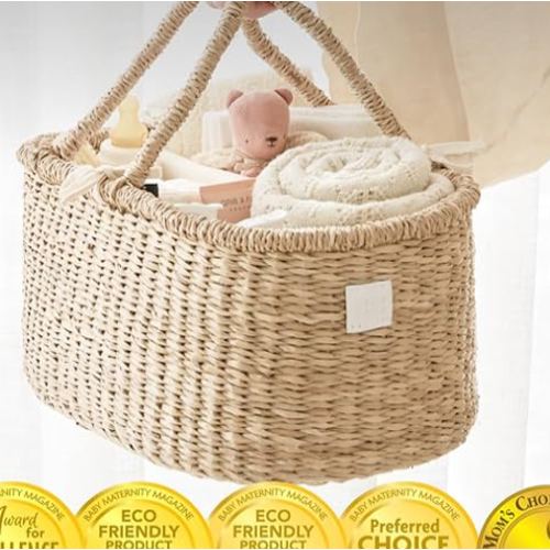 BEBE BASK Premium Baby Diaper Caddy Organizer - Artisan-Made Seagrass Basket With Cotton Divider - Award-Winning & Luxury Diaper Caddy Basket (ROSA)