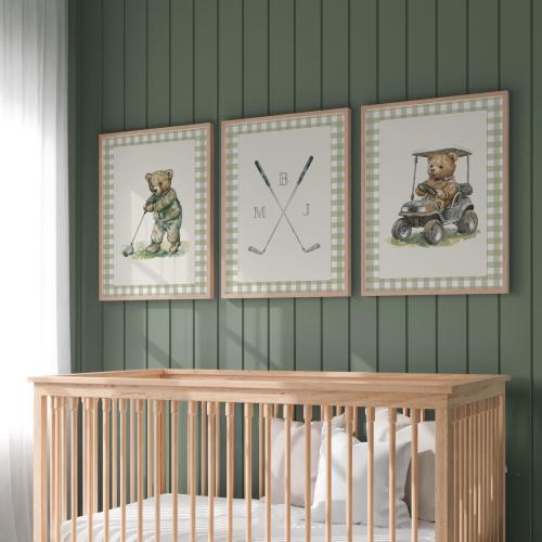 Boy's Golf Nursery Art Set of 3 Prints Green Plaid Teddy Bears