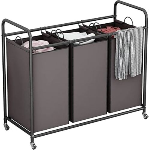 LINZINAR 3-Bag Laundry Sorter,Laundry Hamper Cart with Heavy Duty Rolling Lockable Wheels and Removable Bags (Brown)