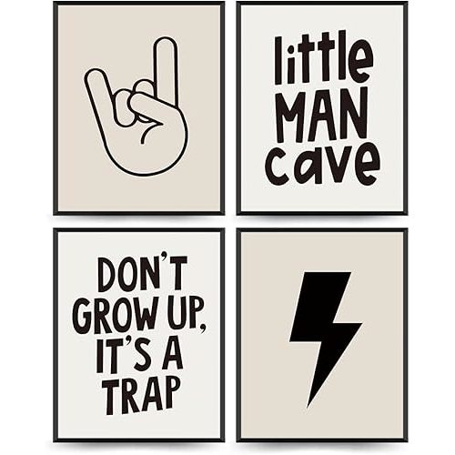 PLKMN Boys Room Playroom Decor, Baby Boy Nursery Decor, Little Man Cave Wall Art Prints 4Pcs, 8x10 Inch (Unframed)