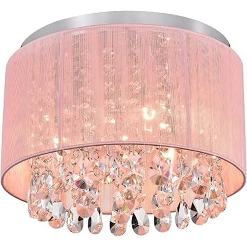 LaLuLa Pink Chandelir for Girls Bedroom, Crystal Flush Mount Ceiling Light with Pink Cotton Thread Shade, 4-Light Large Chandelier, Modern Princess Style for Kids Room, Nursery – Bulbs Not Included
