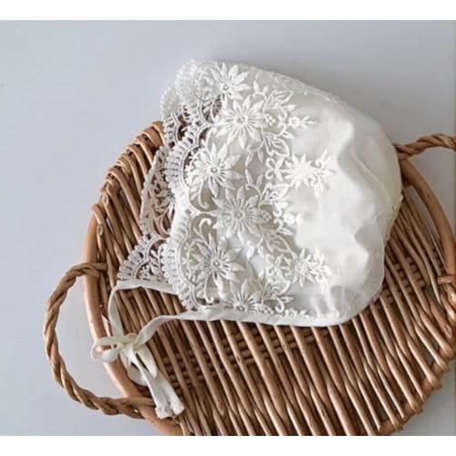 Lace Baby Bonnet, Off White Floral Cotton Sun Hat