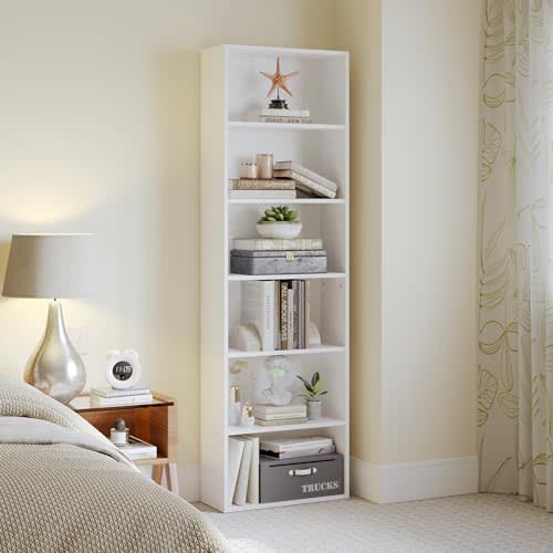 MXV Bookshelf, 6-Tier Open Bookcase, Storage Shelves, Display Storage Shelves, Floor Standing Unit, Home Decor, Furniture for Home Office, Living Room, Bedroom, White2