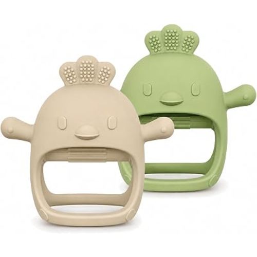 2 Pack Baby Teething Mitten, Silicone Teether for Babies 0-12 Months, Anti-Drop Adjustable Wrist Hand Teether, Cute Chick Self-Soothing Baby Chew Toys for Sucking Needs, BPA Free