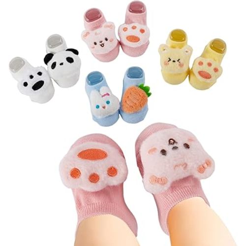 Baby Socks Non-Slip Grips for Babies with 3D Bear Grips Cotton Infant Toddler Ankle Socks 0-12 Months